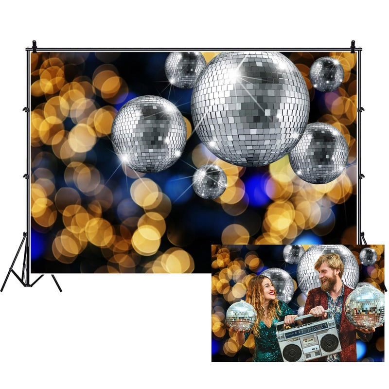 Renaiss 9x6ft Sliver Discos Ball Party Backdrop Golden Bokeh Neon Night Club Music Dance Stage Theme Photography Background for 70s 80s 90s Discos Theme Party Decor Photo Studio Props - Image 1
